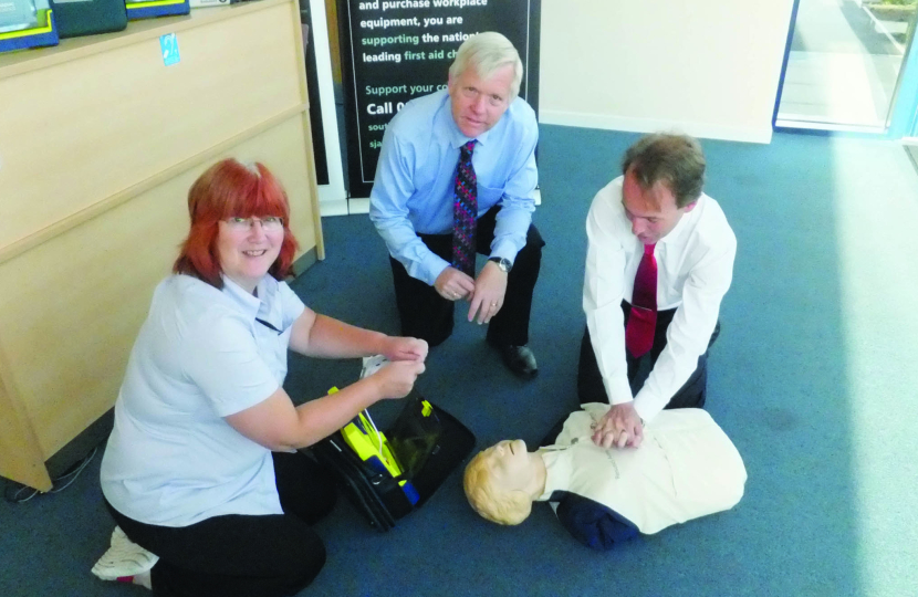 St John Ambulance first aid trainer Debbie Jacobs, Councillor David Fothergill; 