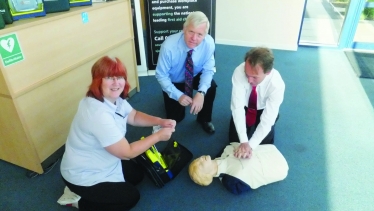 St John Ambulance first aid trainer Debbie Jacobs, Councillor David Fothergill; 